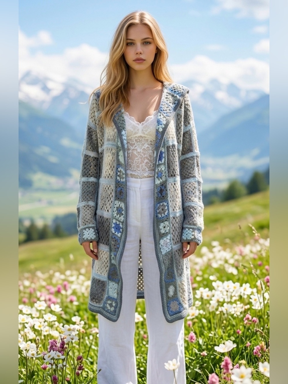 Handmade Boho Grey Crochet Patchwork Long Cardigan Sweater